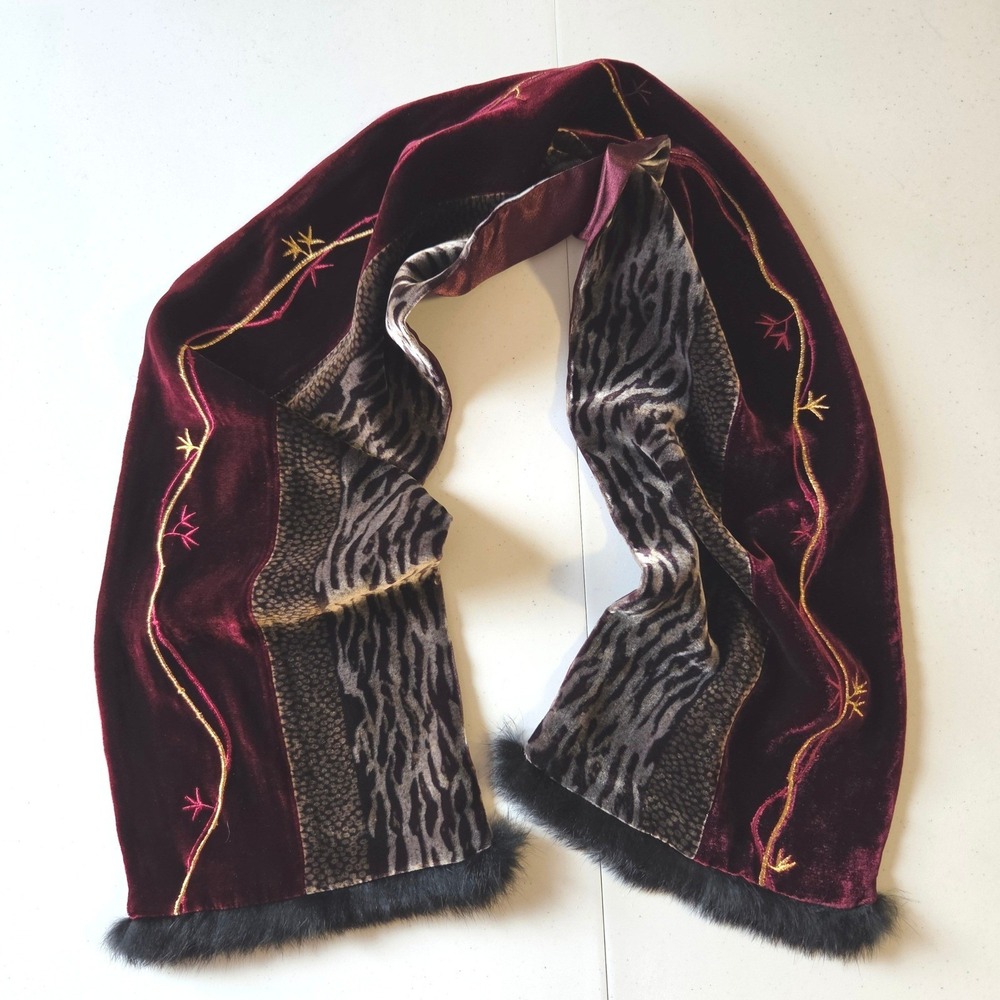 Chico's Velvet Silk Scarf Wrap Angora Rabbit Fur Animal Print Embroidered 59x8.5